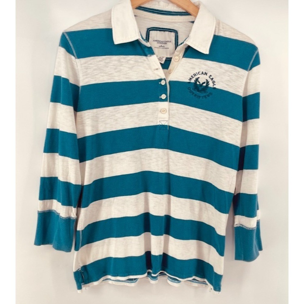 Vtg Y2K American Eagle Rugby Shirt Women‎ M*? BLUE Elbow Patch Embroidered READ